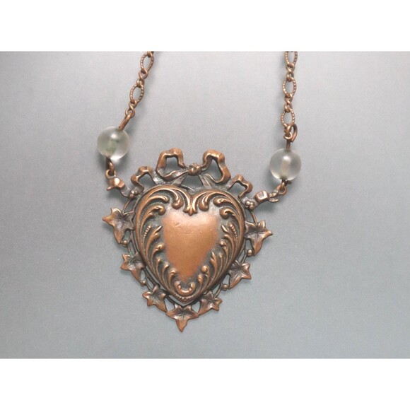 Pididdly Links Victorian Heart Necklace Copper Tone Glass Beads - Picture 1 of 5